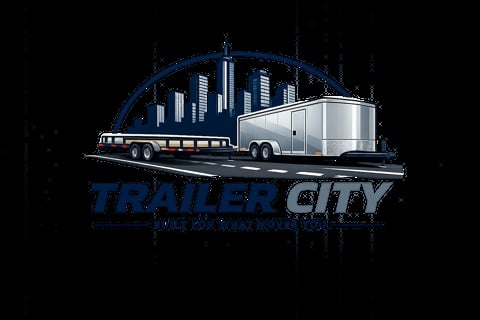Trailer City logo featuring a truck towing a white enclosed trailer with city skyline silhouette in the background