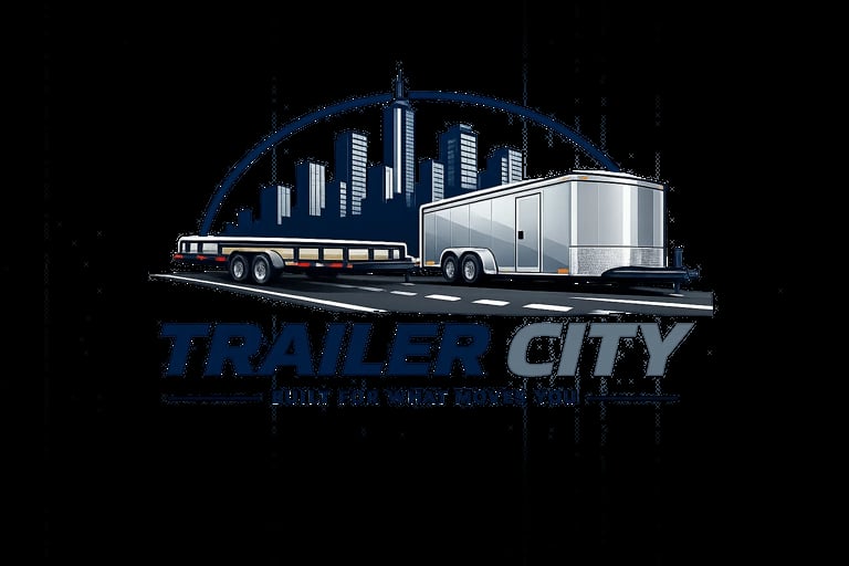 Trailer City logo featuring a truck towing a white enclosed trailer with city skyline silhouette in the background