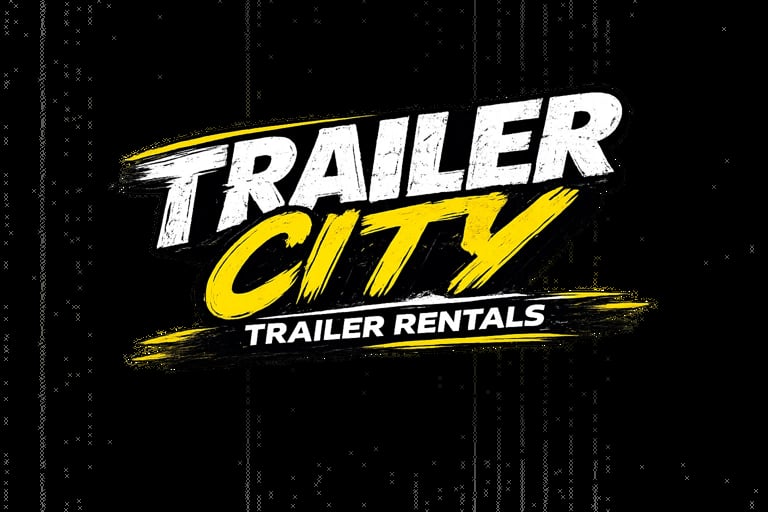Trailer City Trailer Rentals logo with white and yellow text on black background with digital effect